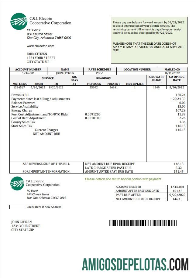 Para baixar modelo de conta de serviços públicos da USA Arkansas C & L Electric Cooperative Corporation em formato Word e PDF